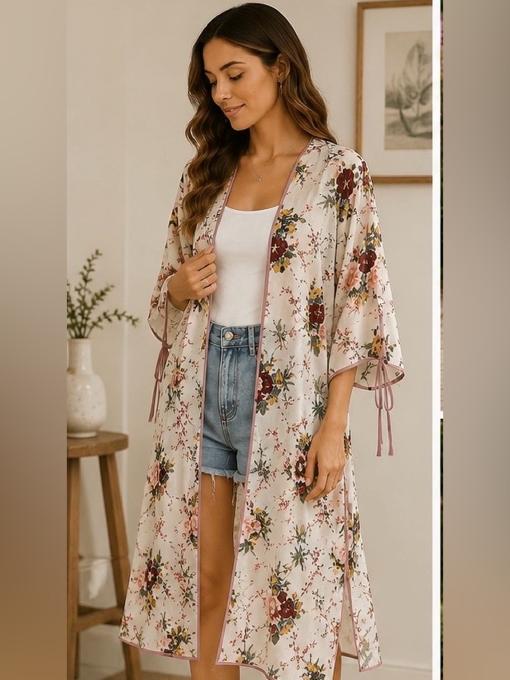 stradivarius Cream Floral Tropical Boho Kimono with Mauve Trim Beach Cover up